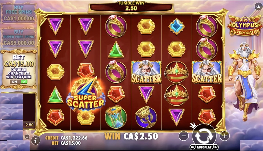 Gates of Olympus game screen showing Zeus, pays-anywhere symbols, multipliers, and tumbling reels.