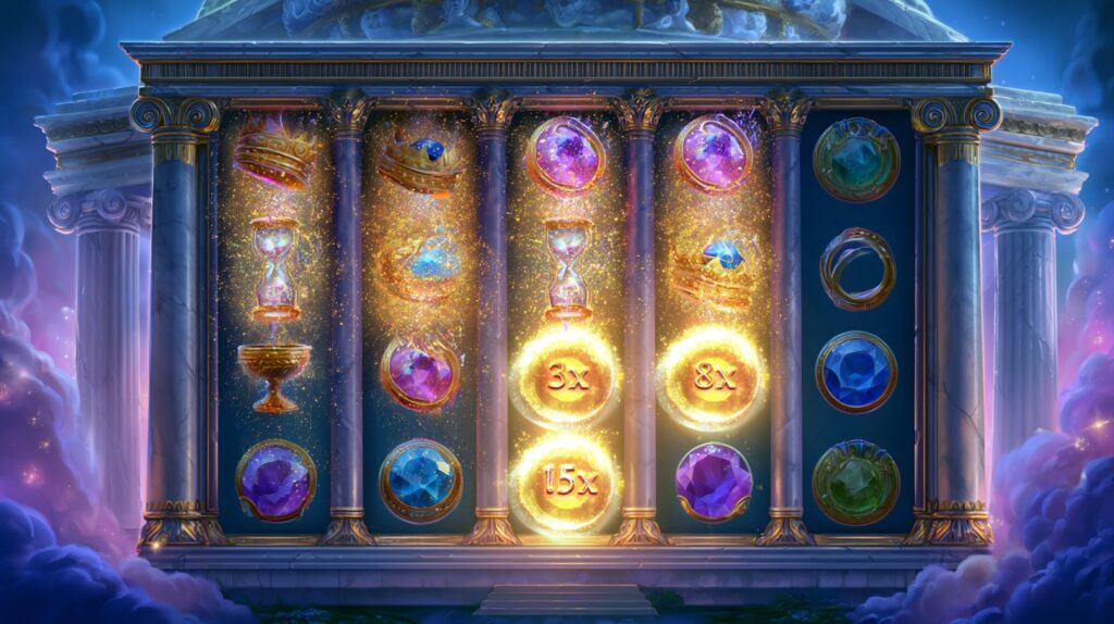 Greek mythology inspired Olympus gates with lightning and multiplier symbols.
